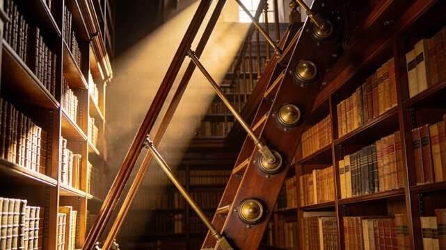 Sunbeams entering an old, traditional library, illuminating dust particles floating in the warm air