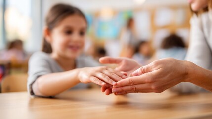Teacher supporting young student with gentle hands during a lesson in a modern classroom setting