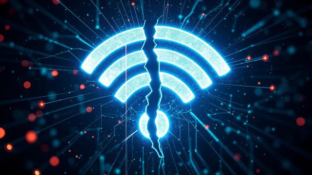 Broken internet connection concept with a shattered wifi symbol on a dark circuit board background