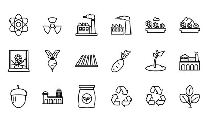 Thin line environment and agriculture icon collection with atom nuclear factory beet sprouting and flower vector © Lipi