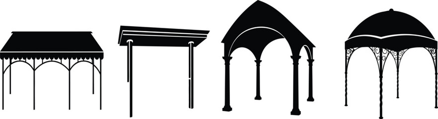 Fototapeta premium pavilion and sunshade canopy icons gazebo, canopy, tent, pavilion, shelter, outdoor, event, wedding, party, garden