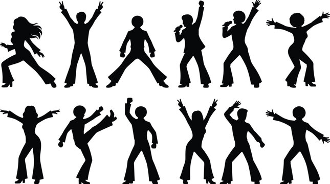 Set of disco dancers silhouettes in 1970s retro style party costumes performing dance moves and singing for vintage club events