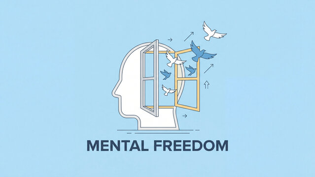Mental freedom psychology concept with open window in human head silhouette releasing flying birds illustration for liberation from negative thoughts mindset shift and cognitive wellness