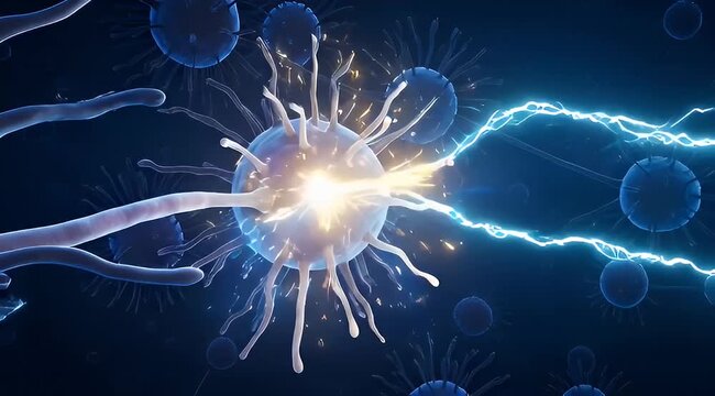 Abstract Neuron Synapse Connection, Neural Network Spark, Medical Science Brain Activity, Blue Digital Technology