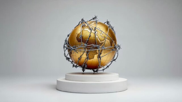 Golden planet earth rotating inside a sphere of barbed wire on a white background