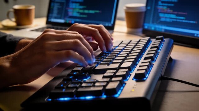 Male it professional coding on a computer with multiple monitors in a dark office late at night