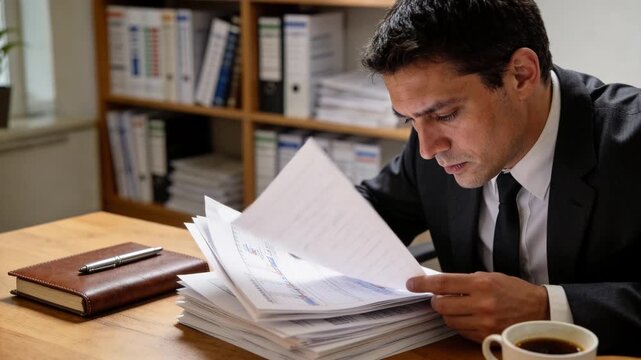 Overworked professional man in a suit carefully reviewing a stack of paperwork at his office desk