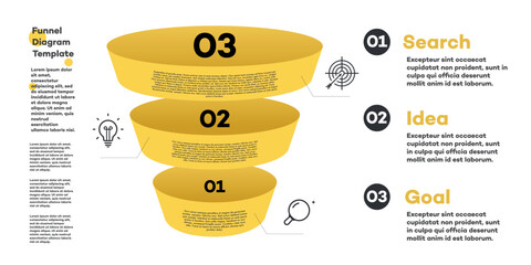 Infographic funnel diagram 3d isometric 3 parts, options or level for workflow progress, processing, apps, webdesign, timelines, marketing, presentation, banner