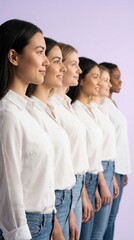 Obraz premium A row of diverse women in white shirts and jeans stands against a purple background. This image represents unity, empowerment, and solidarity. Ideal for International Women's Day marketing.