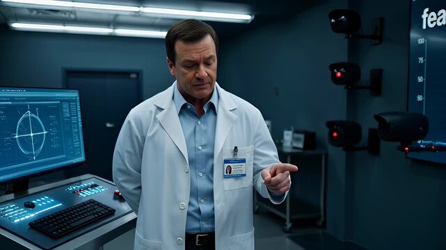 Male scientist in white lab coat explains fear level graph to female participant in a modern testing laboratory with advanced monitoring equipment and screens
