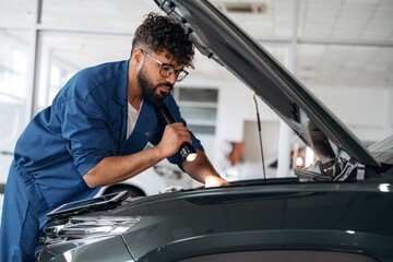 With flashlight in hand. Auto service specialist examining vehicle condition