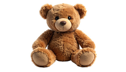 Fototapeta premium Adorable brown plush toy bear with fluffy fur, sitting, on a black background