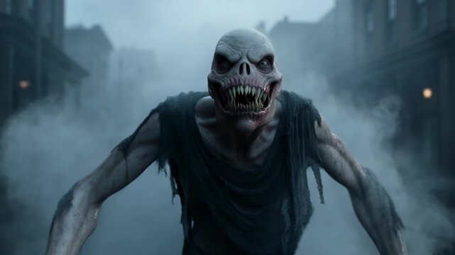 Creature with elongated limbs and sharp claws emerges from foggy street, showcasing a terrifying expression as it approaches the camera in a dark urban setting