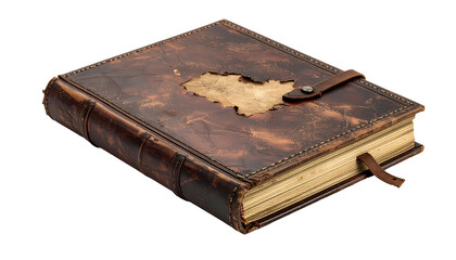 Obraz premium Antique leather bound journal, worn and aged, with clasp and ribbon