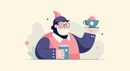 Obraz premium A cheerful character in a hat and glasses holds a cup and phone