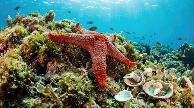 Vibrant red starfish resting on colorful coral reef with tropical fish, underwater marine life, ocean biodiversity, vibrant blue water, natural habitat