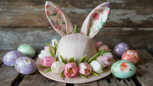 Decorative easter bonnet with floral accents surrounded by painted pastel eggs on a rustic wooden background featuring soft natural lighting and charming springtime festive holiday celebration