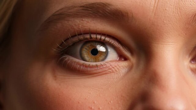 Extreme macro close up of hazel human eye iris pupil and eyelashes with realistic skin texture cinematic vision shot