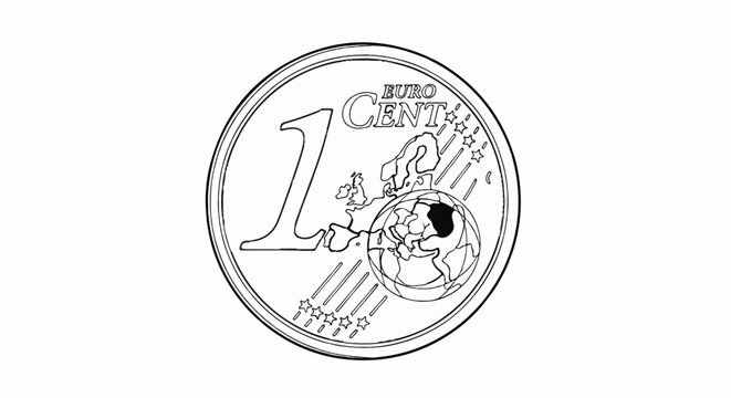 A black and white outline sketch of a one euro cent coin with a map of Europe and the Earth