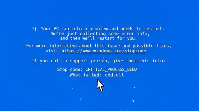 Blue screen error message displayed on a computer monitor indicating a critical process failure, with visible text and a cursor pointer in a digital environment