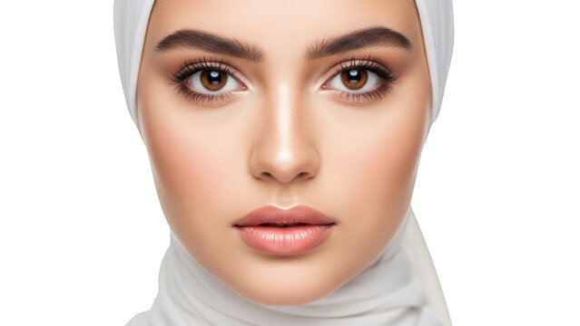Woman wearing white headscarf closeup.