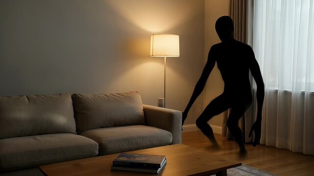 Shadowy figure crouching near a couch in a dimly lit living room, with a lamp casting light and a coffee table displaying books in the foreground