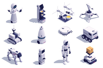 Fototapeta premium Isometric Robotics Technology Set with Multiple Robot Types