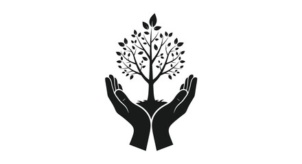 Obraz premium A stylized black silhouette depicts a small tree growing within cupped hands representing care and environmental stewardship high quality