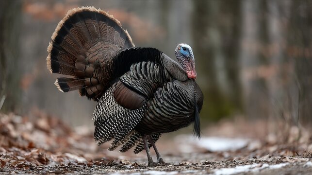 Wild turkey in Mendota Heights, Minnesota, shows off its feathers.