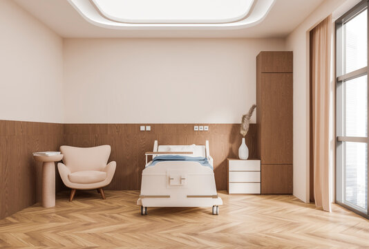 Minimalist hospital room interior with warm wooden textures in clean modern style on soft neutral background, concept of comfort healing space, 3D Rendering
