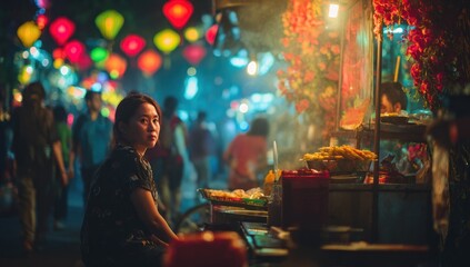 Woman Selling Food at Night Market Stall.