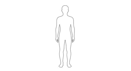A simple minimalist line drawing depicts the full body outline of a standing human figure facing forward high quality © Niloy MotionArts 3D7