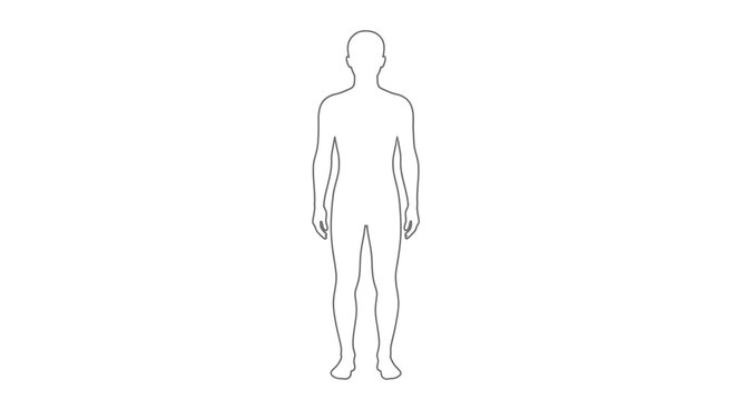 A simple minimalist line drawing depicts the full body outline of a standing human figure facing forward high quality