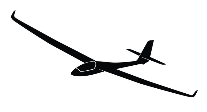 A striking black silhouette depicts a glider soaring through the air showcasing its elegant wingspan and aerodynamic design