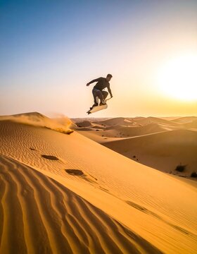 Silhouette of a person sandboarding at sunset in a desert