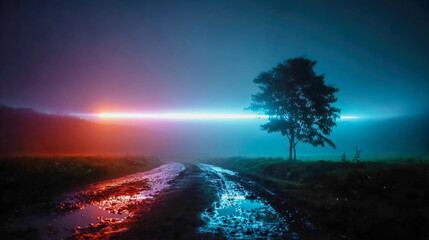 Naklejka premium UFO-like beam of light illuminating a lone tree on a wet rural road at night, cinematic sci-fi atmosphere with blue and red glow