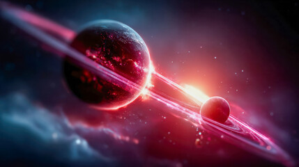 Fototapeta premium Glowing star and planets with neon ring light in a misty nebula, cinematic cosmic scene with intense red highlights