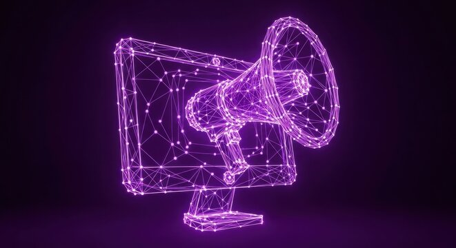 A futuristic purple neon graphic of a megaphone emerging from a computer monitor against a dark background