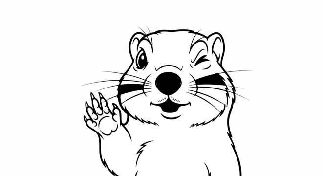 A cartoon groundhog winks and waves hello with its paw