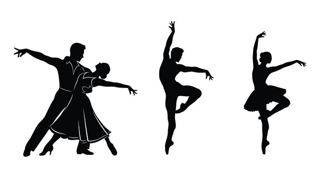 Silhouetted figures depict ballroom dancers in elegant poses alongside a ballet dancer mid leap creating a dynamic scene high quality