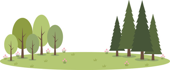Collection of green nature landscape illustrations featuring various pine and deciduous trees with hills and forest floor vegetation © SHANJIDA