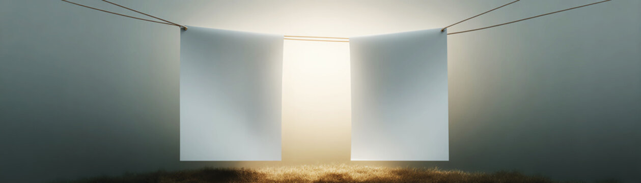 Two blank white sheets hanging on clothesline outdoors morning sunlight minimal serene foggy peaceful empty concept