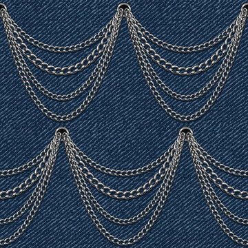 Seamless pattern with several curving, dangling metal chains in a row against blue denim texture. Print in vintage style for clothing, textile fashion design
