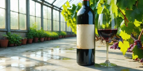 Naklejka premium Wine bottle, glass, vineyard backdrop. Sunlight streams through greenhouse structure. Rich red liquid fills both containers. Peaceful scene.