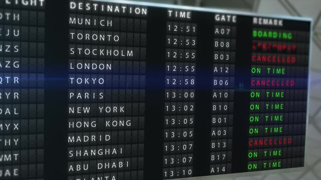 Airport departure board showing international flights with flights being cancelled. Travel disruption and aviation-related. Aviation crisis, delays, and global transport. 4k footage.