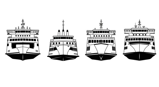 Set of four ferry boats front view, black and white illustration