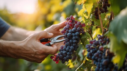 Fototapeta premium Producer wine hands harvesting ripe red grapes with shears from a sunlit vineyard branch during autumn season, viticulture work