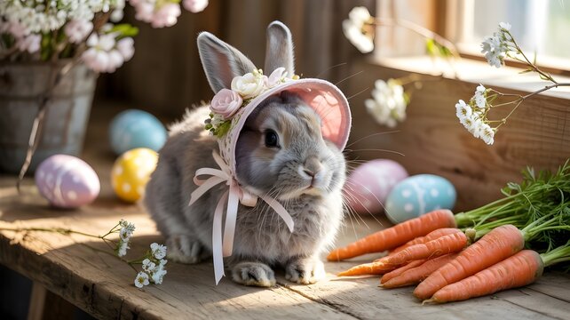 Adorable grey bunny wearing a floral bonnet sitting on a rustic wooden table with colorful painted easter eggs and fresh carrots in a bright sunlit indoor setting with soft spring flowers