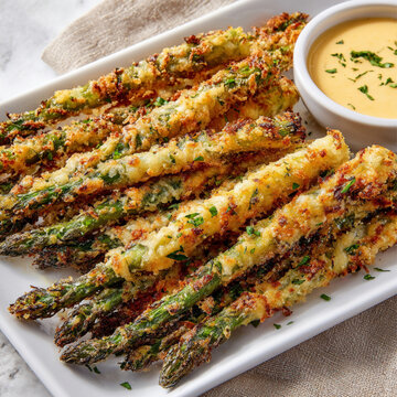 Crispy asparagus asiago spears on tray, appetizer snack
