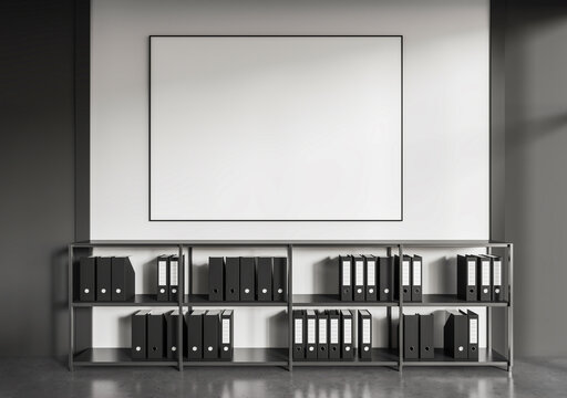 Empty wall poster mockup above tidy shelves with folders in minimal interior design on light background showing clean layout concept for office organization 3D Rendering